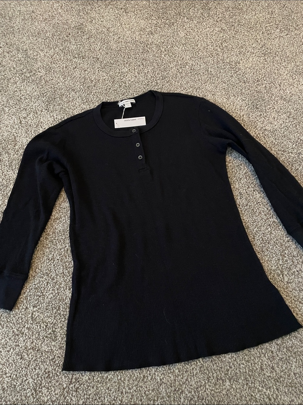 James Perse Black Ribbed Henley Long-Sleeve Top